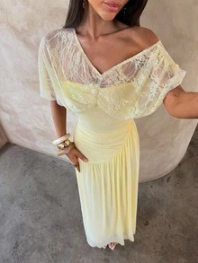 Aloruh Women's French Lace Ruched Sexy Dress For Dating Elegant Dresses For Women Wedding Guest Party Dress Elegant Party Dresses For Women Fall Dresses - Light Yellow - View 4