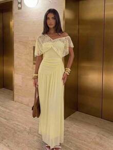 Aloruh Women's French Lace Ruched Sexy Dress For Dating Elegant Dresses For Women Wedding Guest Party Dress Elegant Party Dresses For Women Fall Dresses - Light Yellow - View 6