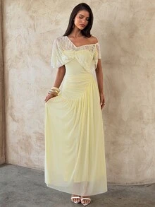 Aloruh Women's French Lace Ruched Sexy Dress For Dating Elegant Dresses For Women Wedding Guest Party Dress Elegant Party Dresses For Women Fall Dresses - Light Yellow - View 8