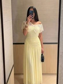 Aloruh Women's French Lace Ruched Sexy Dress For Dating Elegant Dresses For Women Wedding Guest Party Dress Elegant Party Dresses For Women Fall Dresses - Light Yellow - View 1