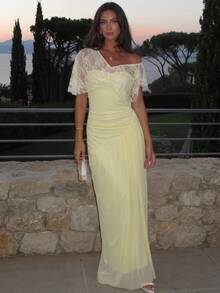 Aloruh Women's French Lace Ruched Sexy Dress For Dating Elegant Dresses For Women Wedding Guest Party Dress Elegant Party Dresses For Women Fall Dresses - Light Yellow - View 7