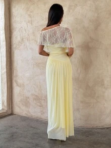 Aloruh Women's French Lace Ruched Sexy Dress For Dating Elegant Dresses For Women Wedding Guest Party Dress Elegant Party Dresses For Women Fall Dresses - Light Yellow - View 2