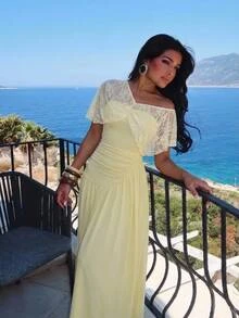 Aloruh Women's French Lace Ruched Sexy Dress For Dating Elegant Dresses For Women Wedding Guest Party Dress Elegant Party Dresses For Women Fall Dresses - Light Yellow - View 5