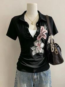 Lalippa [印花設計] 女款花卉刺繡 2 合 1 短袖休閒 T 恤 - 黑色 - 查看 1