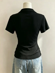 Lalippa [印花設計] 女款花卉刺繡 2 合 1 短袖休閒 T 恤 - 黑色 - 查看 3