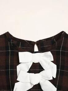 SHEIN 女童格紋蝴蝶結裝飾休閒日常夏季洋裝 - 棕色 - 查看 4