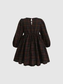 SHEIN 女童格紋蝴蝶結裝飾休閒日常夏季洋裝 - 棕色 - 查看 2