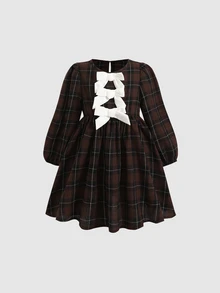 SHEIN 女童格紋蝴蝶結裝飾休閒日常夏季洋裝 - 棕色 - 查看 9