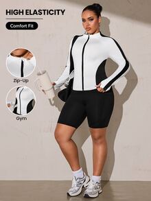 SHEIN Rhythm Era Black & White Colorblock Stand Collar Zip-Up Short Sport Jacket Fall - Multicolor - View 3