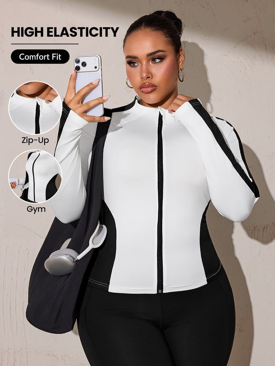 SHEIN Rhythm Era Black & White Colorblock Stand Collar Zip-Up Short Sport Jacket Fall - Multicolor - View 1