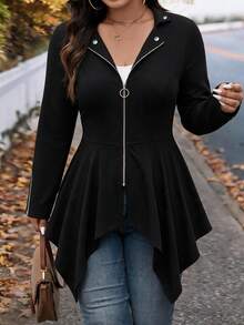 EMERY ROSE Plus Size Women's Best-Selling Elegant Slim Fit A-Line Asymmetrical Lapel Jacket, Slimming Minimalist Cut Design With Metal Zipper And Button Decoration, Suitable For Daily Versatile Commuting, Dating And Gathering - Black - View 4