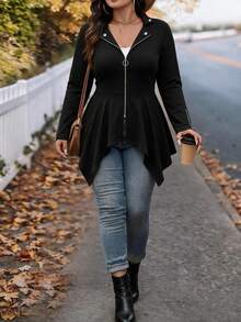 EMERY ROSE Plus Size Women's Best-Selling Elegant Slim Fit A-Line Asymmetrical Lapel Jacket, Slimming Minimalist Cut Design With Metal Zipper And Button Decoration, Suitable For Daily Versatile Commuting, Dating And Gathering - Black - View 7