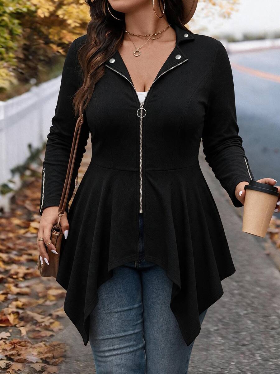 EMERY ROSE Plus Size Women's Best-Selling Elegant Slim Fit A-Line Asymmetrical Lapel Jacket, Slimming Minimalist Cut Design With Metal Zipper And Button Decoration, Suitable For Daily Versatile Commuting, Dating And Gathering - Black - View 1