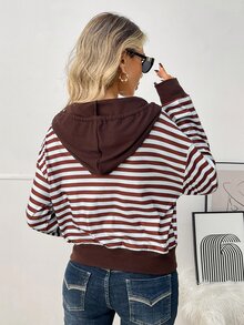 Elyressa Ladies Cropped Striped Hoodie, Button Down Drawstring Hood Long Sleeve Color Block Casual Sweatshirt - Multicolor - View 2