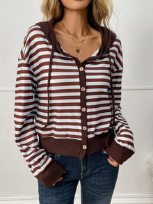 Elyressa Ladies Cropped Striped Hoodie, Button Down Drawstring Hood Long Sleeve Color Block Casual Sweatshirt - Multicolor - View 5
