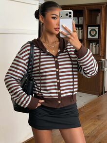 Elyressa Ladies Cropped Striped Hoodie, Button Down Drawstring Hood Long Sleeve Color Block Casual Sweatshirt - Multicolor - View 7