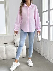 SHEIN Maternity Flare Sleeve Long Loose Nursing Top, Pink Fall - Baby Pink - View 5