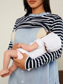 MaterniWear 孕妇条纹印花二合一长袖哺乳上衣 - 藏蓝色 - 查看 5