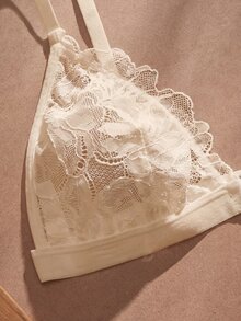 SHEIN Elacene 2件套性感蕾丝拼接前扣式女士内衣套装 - 杏色 - 查看 4