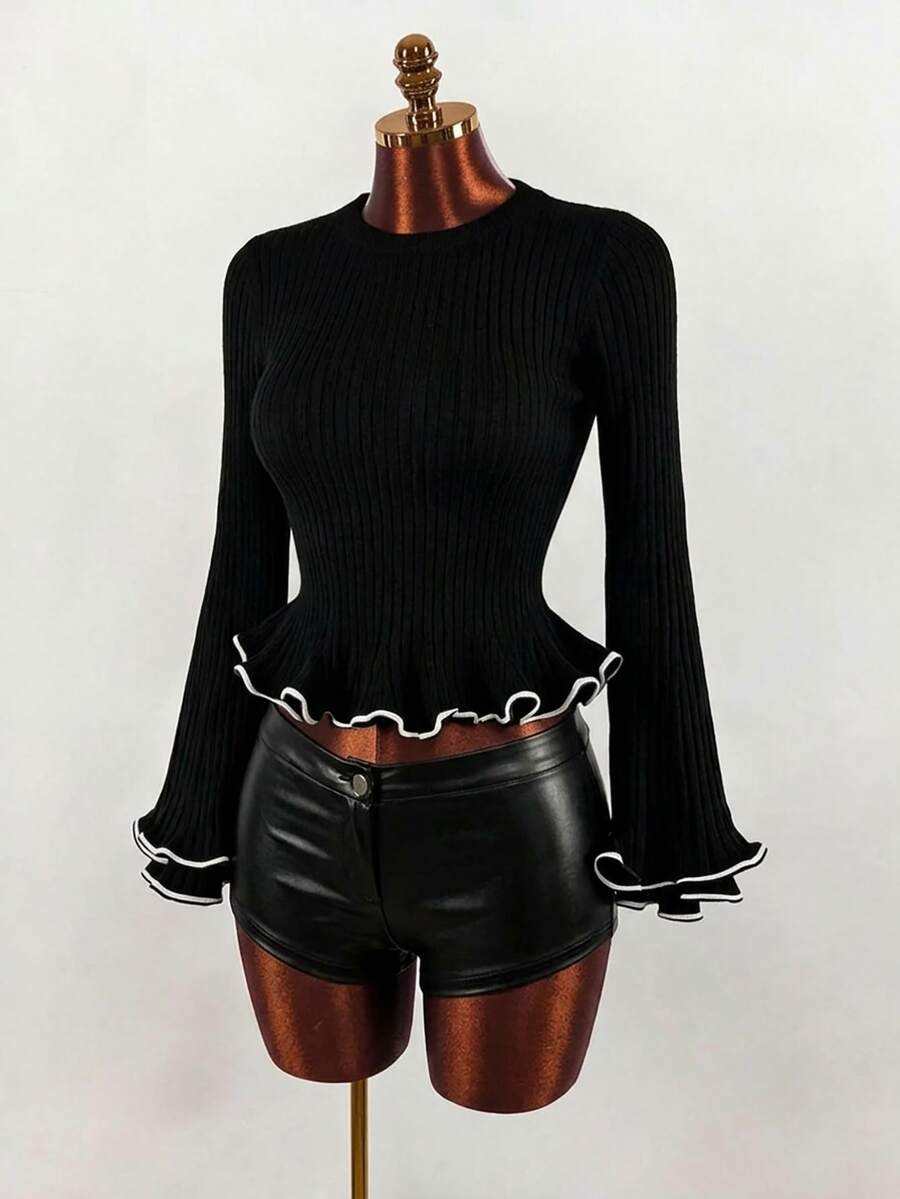 Amplova Pull élégant pour femmes à manches cloche et couleur contrastée côtelée - Noir - Voir 1