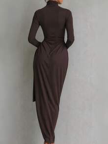 SHEIN Holidaya Dark Brown Fall Slimming Top + Side-Banded Split Skirt ...