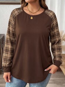 SHEIN LUNE 英式風格蘇格蘭格紋大尺碼女款休閒落肩袖圓領寬鬆版型T恤，適合春秋穿著，感恩節與聖誕節穿搭 - 彩色 - 查看 5