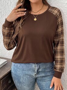 SHEIN LUNE 英式風格蘇格蘭格紋大尺碼女款休閒落肩袖圓領寬鬆版型T恤，適合春秋穿著，感恩節與聖誕節穿搭 - 彩色 - 查看 3