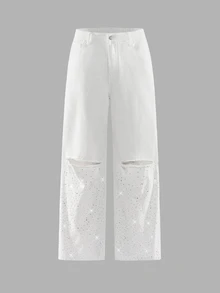 FeverCity Men's Washed Distressed Rhinestone Button Denim Jeans - White - View 10