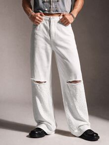 FeverCity Men's Washed Distressed Rhinestone Button Denim Jeans - White - View 1