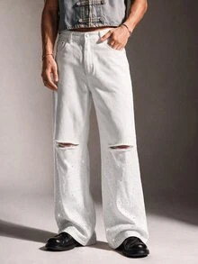 FeverCity Men's Washed Distressed Rhinestone Button Denim Jeans - White - View 8