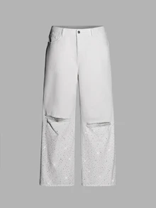 FeverCity Men's Washed Distressed Rhinestone Button Denim Jeans - White - View 6