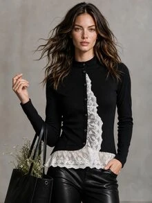 Solivie Women's Autumn Bohemian French Vintage Elegant Romantic Lace Trim Regular Jacket With Colorblock Patchwork Everyday Night Black And White - Black - View 2