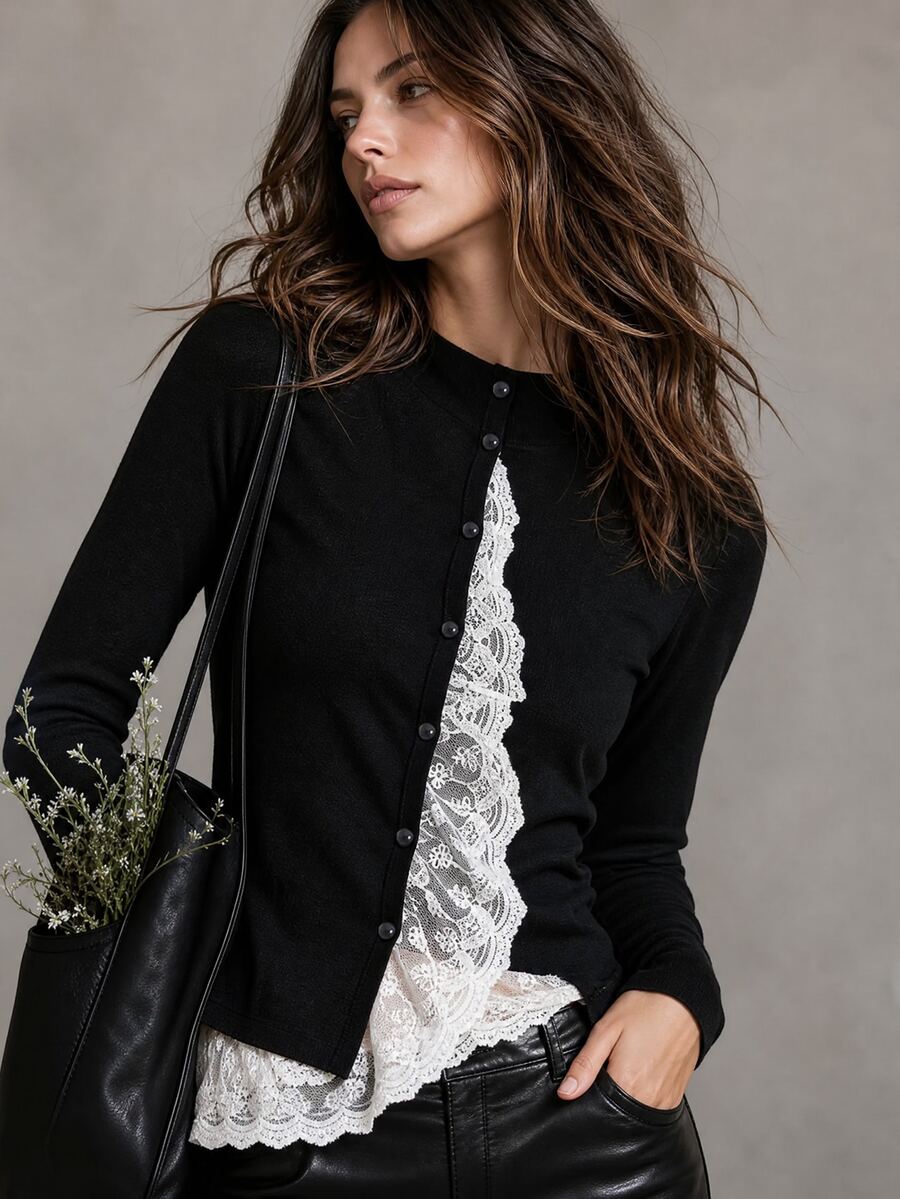 Solivie Women's Autumn Bohemian French Vintage Elegant Romantic Lace Trim Regular Jacket With Colorblock Patchwork Everyday Night Black And White - Black - View 1