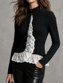 Solivie Women's Autumn Bohemian French Vintage Elegant Romantic Lace Trim Regular Jacket With Colorblock Patchwork Everyday Night Black And White - Black - View 5