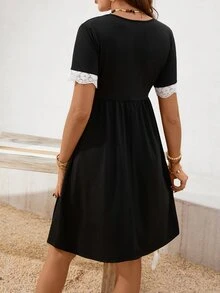 SHEIN Maternity & Nursing Contrast Lace Short Sleeve Elegant Dress, Summer - Black - View 2
