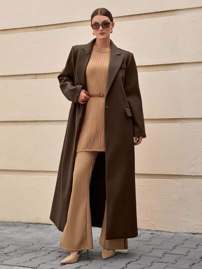 EURMUSE Women's Solid Color Lapel Neck Long Sleeve Classic Elegant Extra Long Pocket Woolen Overcoat, Autumn Winter Office Dark Brown