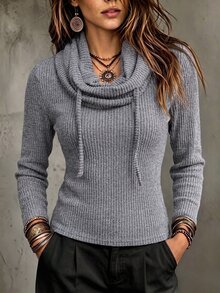 SHEIN Women's Gray Cowl Neck Ribbed Long Sleeve Tee, Slim Casual Top For Autumn Street Daily Wear Brunch - Grey - View 4
