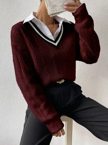 SHEIN PariChic Contrast Color Patchwork V-Neck Long Sleeve Simple Sweater, Casual Daily Wear, Long Sleeve Top Knit Pullover Fall Winter - Burgundy - View 3