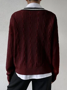 SHEIN PariChic Contrast Color Patchwork V-Neck Long Sleeve Simple Sweater, Casual Daily Wear, Long Sleeve Top Knit Pullover Fall Winter - Burgundy - View 2