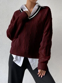 SHEIN PariChic Contrast Color Patchwork V-Neck Long Sleeve Simple Sweater, Casual Daily Wear, Long Sleeve Top Knit Pullover Fall Winter - Burgundy - View 5