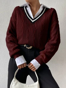 SHEIN PariChic Contrast Color Patchwork V-Neck Long Sleeve Simple Sweater, Casual Daily Wear, Long Sleeve Top Knit Pullover Fall Winter - Burgundy - View 7