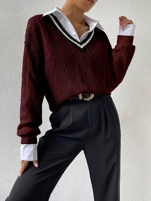 SHEIN PariChic Contrast Color Patchwork V-Neck Long Sleeve Simple Sweater, Casual Daily Wear, Long Sleeve Top Knit Pullover Fall Winter - Burgundy - View 4