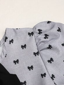 SHEIN 女童小洋裝，數位印花設計，拼色蝴蝶結，適合戶外穿著 - 灰色 - 查看 5