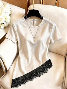 Franclia Women's Round Neck Short Sleeve Contrast Lace Asymmetric Hem Casual T-Shirt - Apricot - View 1