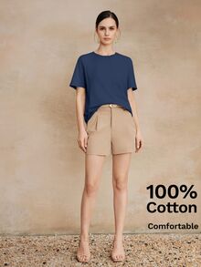 Anewsta Essential Anewsta Summer Vacation Casual All-Match Solid Color 100% Cotton Comfortable Versatile Short Sleeve T-Shirt For Women - Navy Blue - View 7