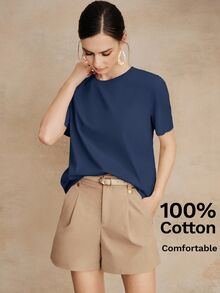 Anewsta Essential Anewsta Summer Vacation Casual All-Match Solid Color 100% Cotton Comfortable Versatile Short Sleeve T-Shirt For Women - Navy Blue - View 3