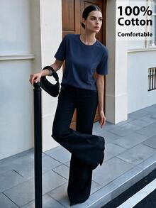 Anewsta Essential Anewsta Summer Vacation Casual All-Match Solid Color 100% Cotton Comfortable Versatile Short Sleeve T-Shirt For Women - Navy Blue - View 4