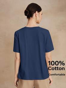 Anewsta Essential Anewsta Summer Vacation Casual All-Match Solid Color 100% Cotton Comfortable Versatile Short Sleeve T-Shirt For Women - Navy Blue - View 2