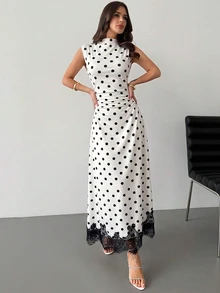 Firerie 女款優雅黑白波點中長洋裝，無袖高領蕾絲飾邊，適合早午餐、度假與外出場合 - 黑與白 - 查看 5