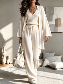 Balvessa Women Solid Color Ribbed Knitted, Vest, Long Pants,Overcoats Casual 3 Pieces SetAutumn/Winter - Apricot - View 3